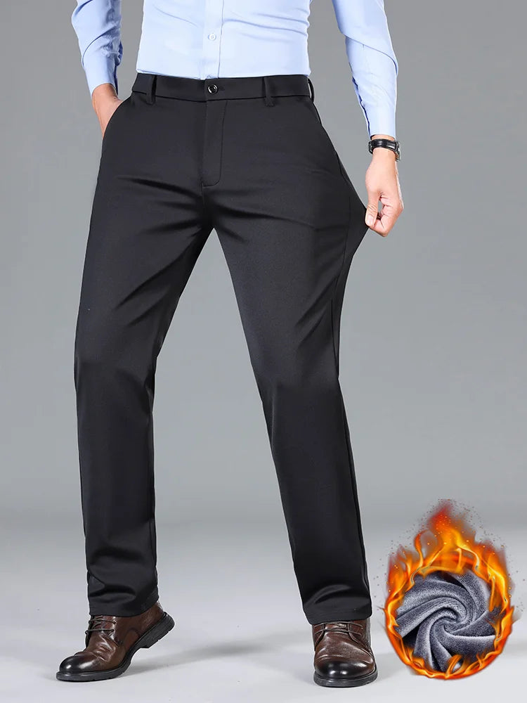 Winter Warm Fleece Thicken Suit Pants Men Straight Business Work Thick Flocking Plush Long Formal Trousers Male Plus Size 29-40