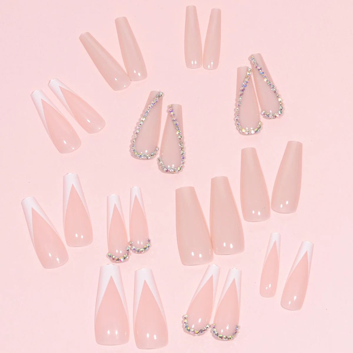 Transform Your Nails with 24pcs Long Coffin White French 3D Rhinestone Decor Fake Nail.