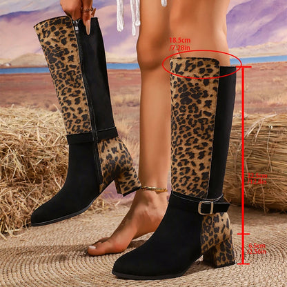 Plus Size 43 Leopard Print Women's Long Boots Mix Color Thick High Heels Boots Woman Autumn Winter Fashion Knee High Botas Mujer.