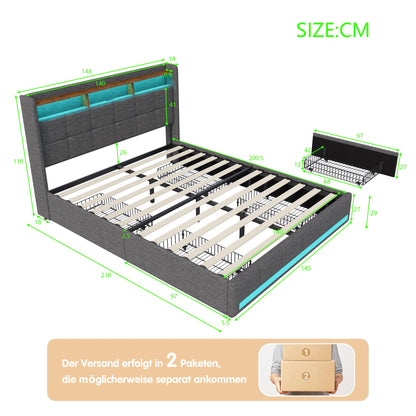 Creahappy Twin-Bettgestell – Polsterbett in Grau – mit USB-Ladeanschluss – mit LED-Beleuchtung – Aufbewahrungsschubladen auf beiden Seiten