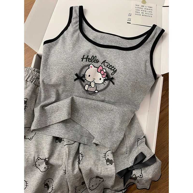 Hello Kitty Pyjama-Set für Damen, niedliche Nachtwäsche, Cartoon, ärmellos, Tank-Top, Shorts, Zuhause, Sommer, gemütliche Loungewear, Geschenk für Mädchen, Sanrio.