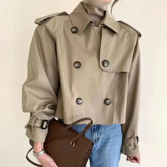 Vintage Zweireiher Graben Jacken Frauen Lose Chic Büro Dame Crop Tops Herbst Weibliche Mäntel Alle-spiel Lose Windjacke