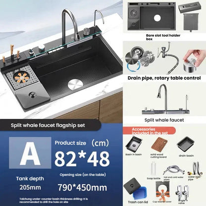 Smart Digital Display Waterfall Faucet Kitchen Sink With Knife Holder and Trash Can Household Wash Dish Basin Large Single Slot