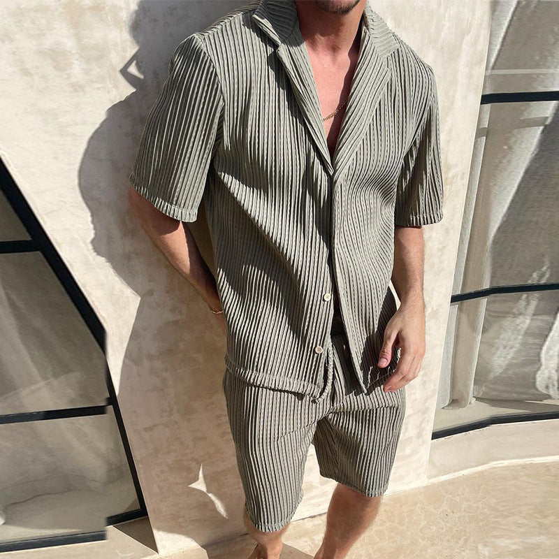Men Sets Summer Casual Short-sleeved Shirt Shorts Fashion Striped Suit Male Two-piece Set Tracksuit Ropa Para Hombre.