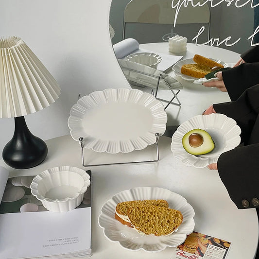 Ahunderjiaz-French Beige Ceramic Tableware Set, Underglaze Dessert Tray, Rice Bowl, Fish Plate, Kitchen Tableware Set, Cream Sty.