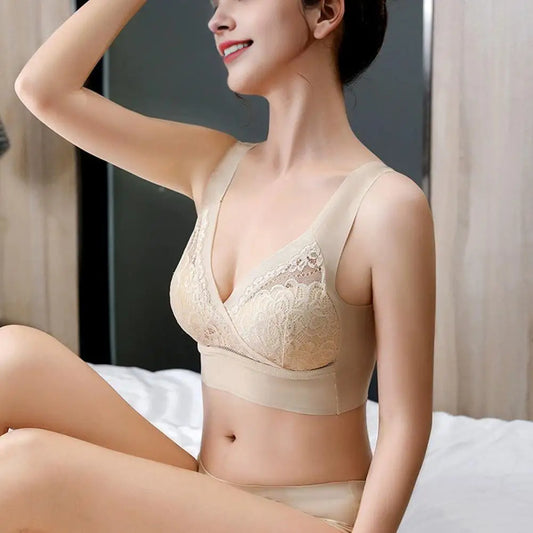 Women Bra Elastic Shoulder Strap Lace Floral Embroidery Maximum Comfort Shockproof Push-up Anti-snagging Wireless Yoga Bra.