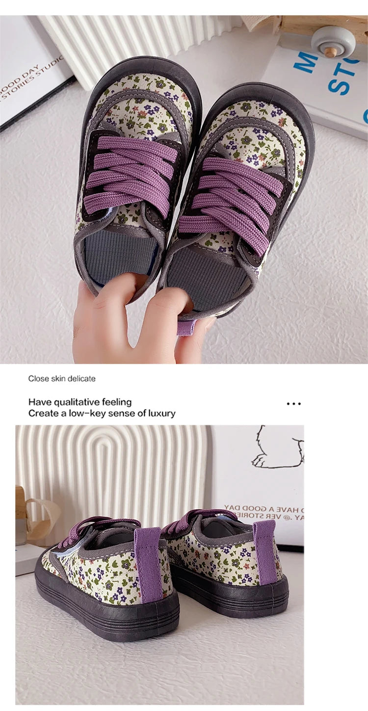 Children Fashion Versatile Soft Canvas Shoes Floral Print Casual Kids Shoes Drop Shipping Lace-up 2023 Spring New for Boys Flats.