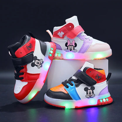 Disney Girls' Causla Shoes PU Leather Mickey Mouse LED Luminescent Children's Sneaker 1-6 Year Old Boys' Sports Casual Shoes.