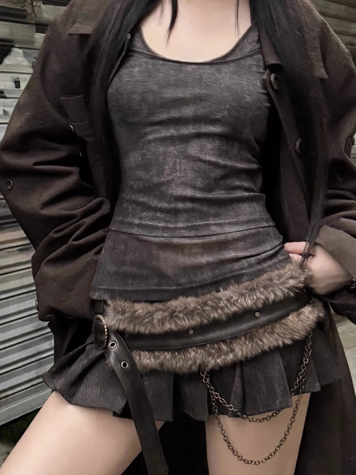 Lautaro Spring Summer Cool Washed Distressed Soft Pu Leather Mini Pleated Skirt Women High Waist Belt Luxury Designer Clothes.