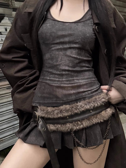 Lautaro Spring Summer Cool Washed Distressed Soft Pu Leather Mini Pleated Skirt Women High Waist Belt Luxury Designer Clothes.