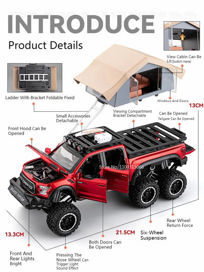 1/24 Scale Raptor F150 Alloy Cars Models Toys 6 Doors Opened Camping RV Diecast Model Light Sound Vehicle for Boys Birthday Gift.