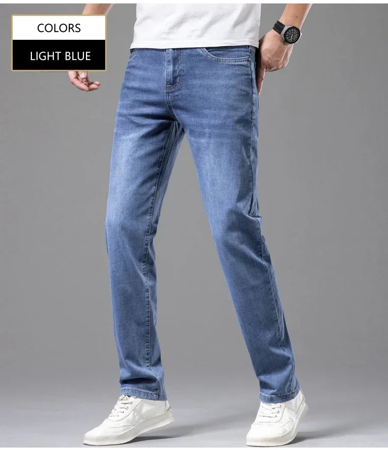 Summer Thin Men's Elastic Cotton Jeans Fashion Gray Comfortable Business Straight Casual Pants Brand Male Clothes Trousers.