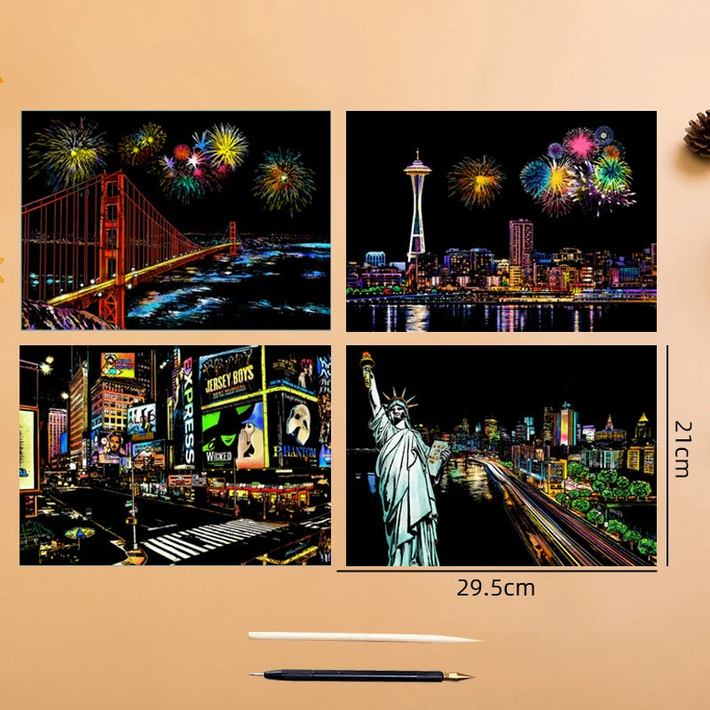 4PCS Scratch Art Paper World Landmarks Animals Painting Toy with Stylus Stress Relief Drawing Kids Adult Gift Glow in Dark Craft