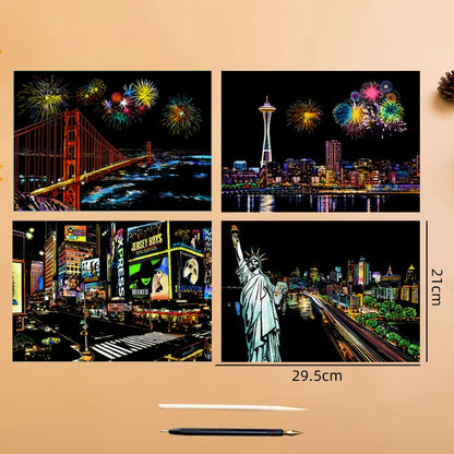 4PCS Scratch Art Paper World Landmarks Animals Painting Toy with Stylus Stress Relief Drawing Kids Adult Gift Glow in Dark Craft