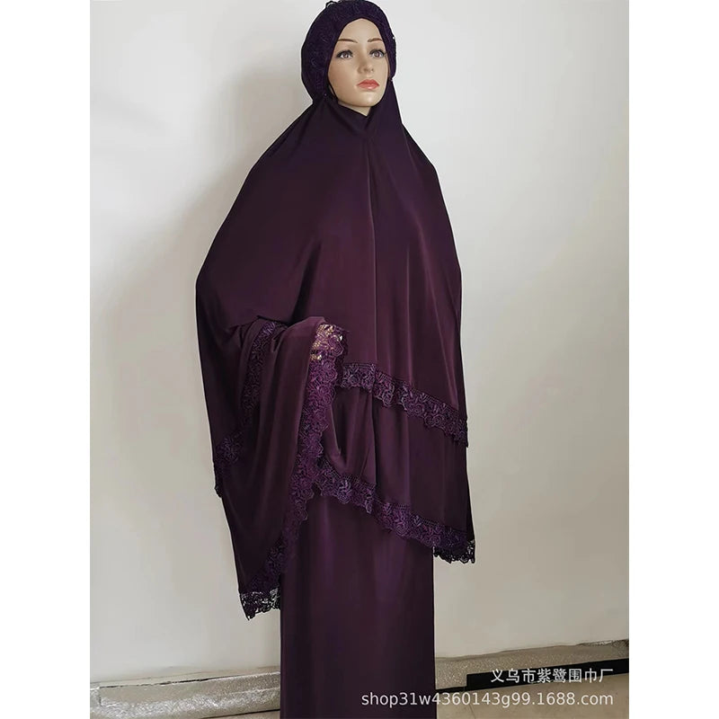Ramadan  Long Khimar Muslim Abaya Women Prayer Garment Saudi Prayer Dress Lace Trim Silky 2 Piece Skirt Sets Eid Niqab jilbab.