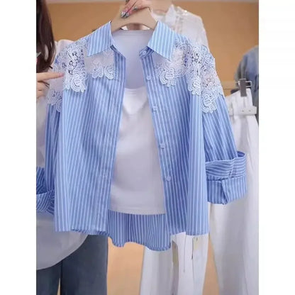 Lace Hook Splicing Polo Neck Striped Women Shirt Spring New Loose Jacket Top.