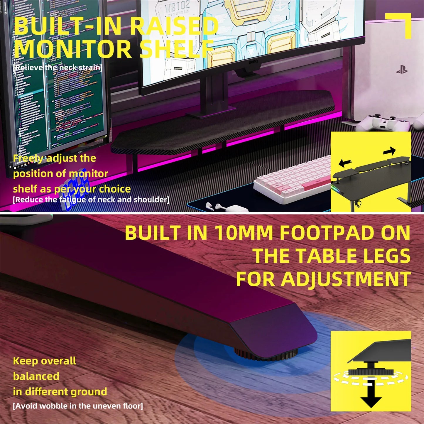 Jumbo-Gaming-Schreibtisch mit Monitor regal, großer PC-Computer tisch mit LED-Beleuchtung, Spieltisch-Gamer-Schreibtisch für Schlafzimmer, Home-Office