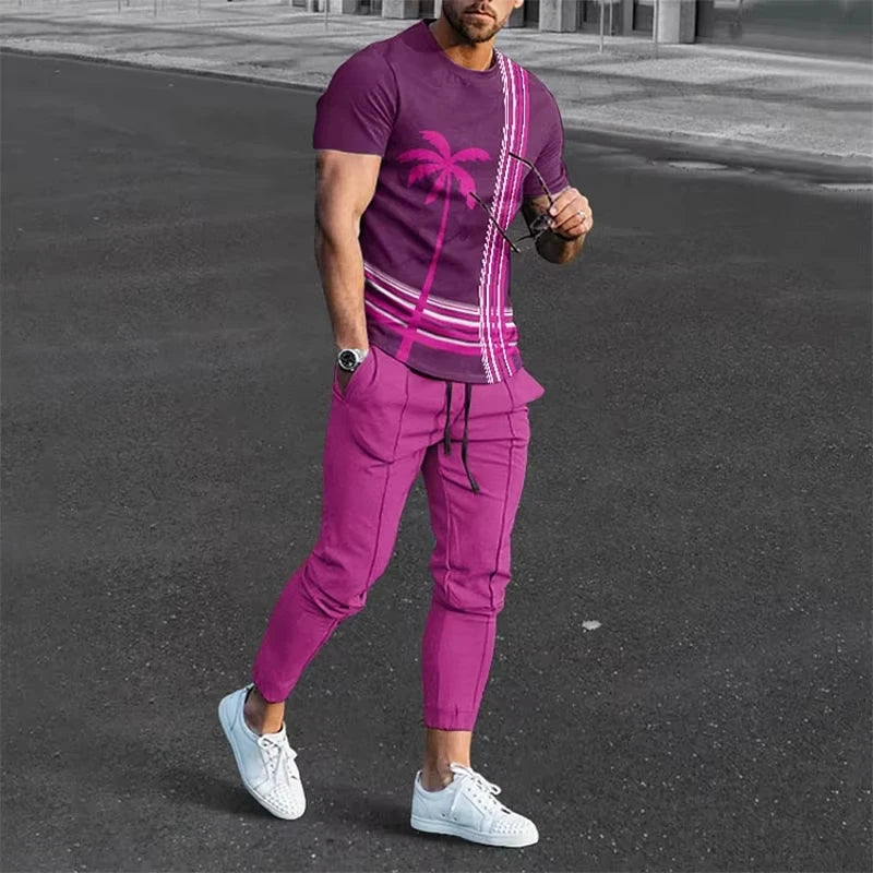 Spring Men Short T-shirt Trousers Suit 3D Printed Newest Retro Casual Men T-shirt Trousers Suit Man Short Sleeve Long Pants Sets.