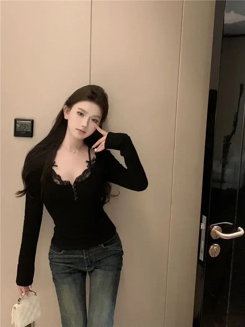 Autumn Sweet Lace Stitching V-neck Skinny Top Pink Coquette Aesthetic Slim-fit Long Sleeve T-shirts Cute Casual Tees Women Goth.