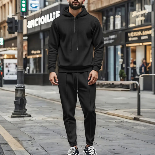 Men's Autumn Waffle Solid Color Hooded Half-Zipper Drawstring Long-Sleeved Sweatshirt And Long Pants Set Casual Comfortable Outf.
