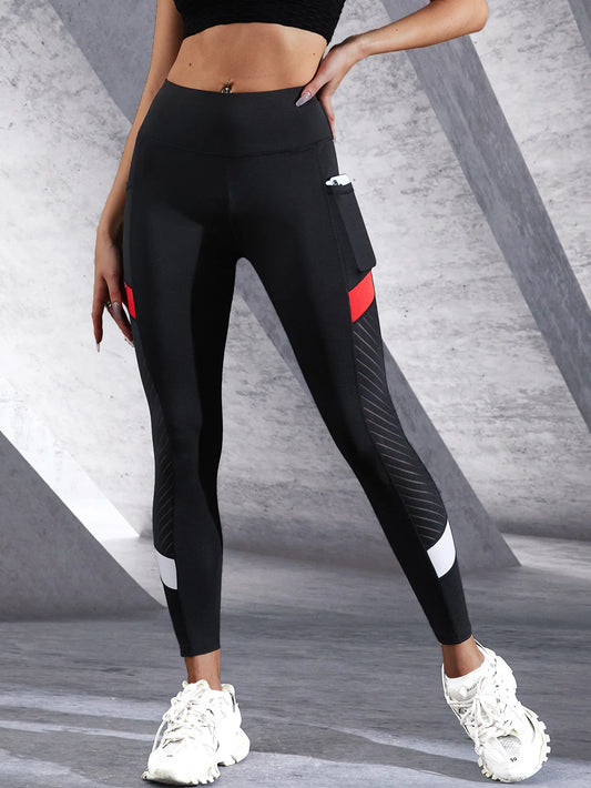 Colorblocked Mesh High Waist Yoga Pants with Side Pockets Leggings for Women Tummy Control Workout Shaping Leggings.