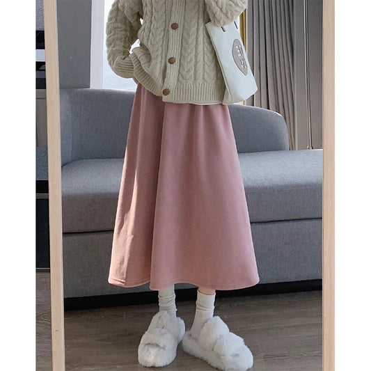 MEXZT Vintage Corduroy Midi Skirts Women Korean Black Pink Fleece Pleated Skirt Winter High Waist Velevt Thicken A Line Skirts.