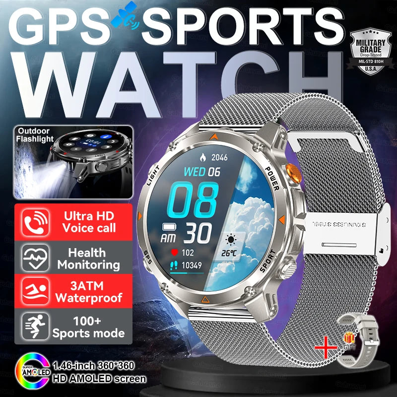 2025 New Military T-Rex 3 GPS Sports SmartWatch Compass Altimeter IP69K Waterproof Battery Call heart rate Fitness Bracelet Men