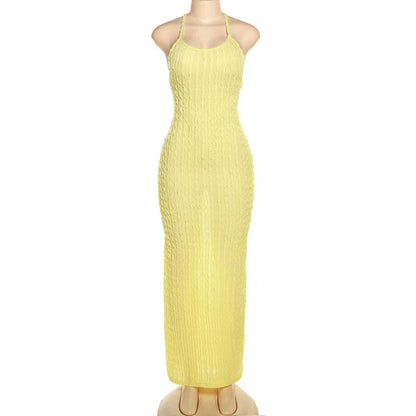 Sexy Streifen Rippen Stricken Schlank Bodycon Maxi Kleid Frauen Ärmellose Backless Lange Popcorn NDress Elegante Club Party Vestidos