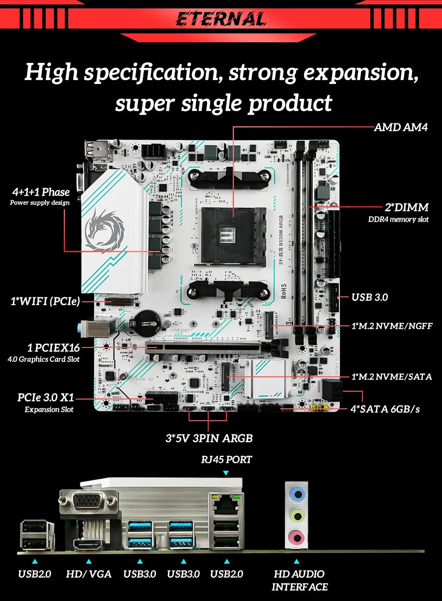 SOYO AMD B550M Gaming Motherboard USB3.1 M.2 Nvme Sata3 DDR4 Dual Channel Supports RYZEN R3 R5 R7 3000 4000 5000 CPU AM4 Socket.