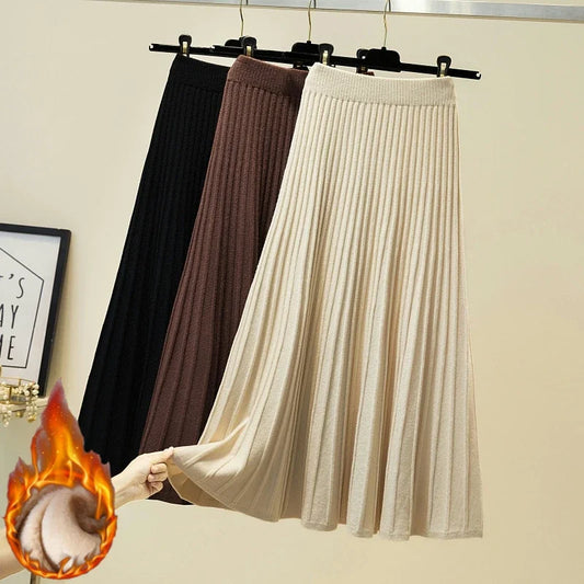 2025 Brand Designer Women Autumn Winter Thick Elegant Chic Solid Pleated Skirt High Waist Luxury Fashion With Elastic Female.