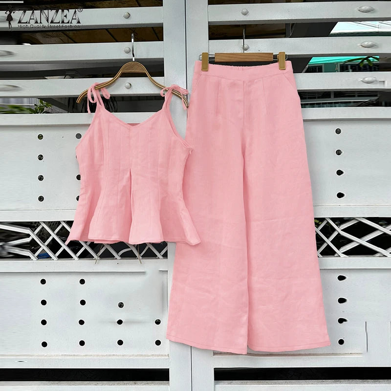ZANZEA Women Stylish 2 Pieces Pant Sets Spaghetti Straps V-Neck Ruffled Camisole Tops & Wide Leg Pants 2pcs Suits Woman Outfits.