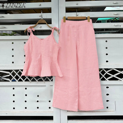ZANZEA Women Stylish 2 Pieces Pant Sets Spaghetti Straps V-Neck Ruffled Camisole Tops & Wide Leg Pants 2pcs Suits Woman Outfits.