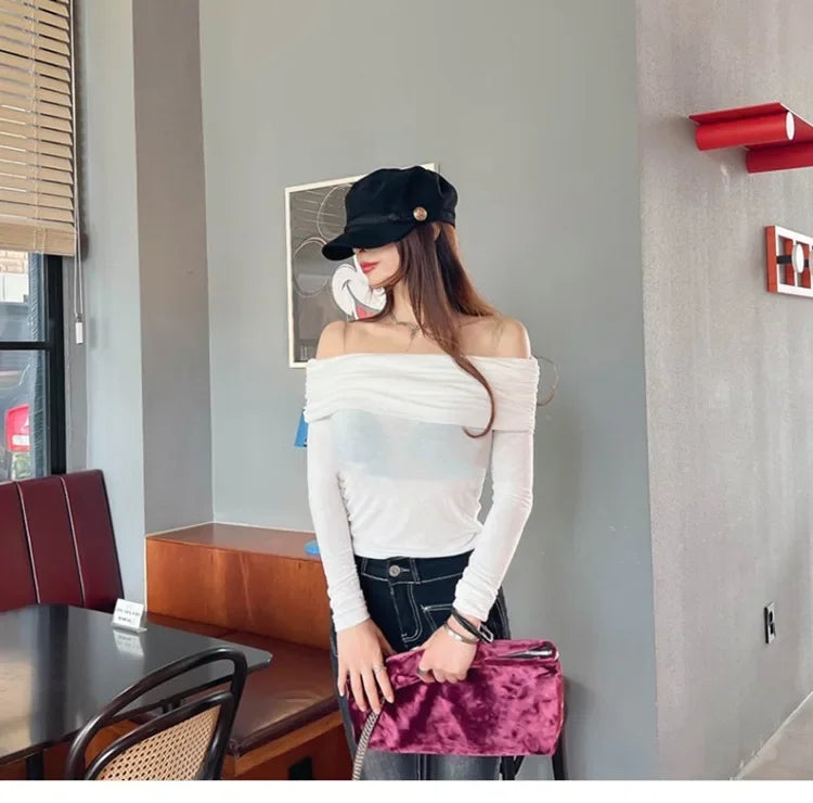 Korean Dongdaemun Spring Summer New Style Elegant One Shoulder Pleated Thin Long Sleeve Slimming Fit Cotton T-Shirt.