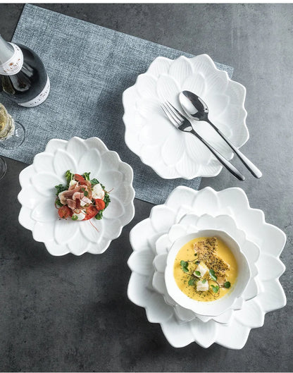 Chinese Lotus-like Ceramic Western Food Dish Household White Fruit Salad Bowl Dessert Plate Creative Restaurant Specialtableware.