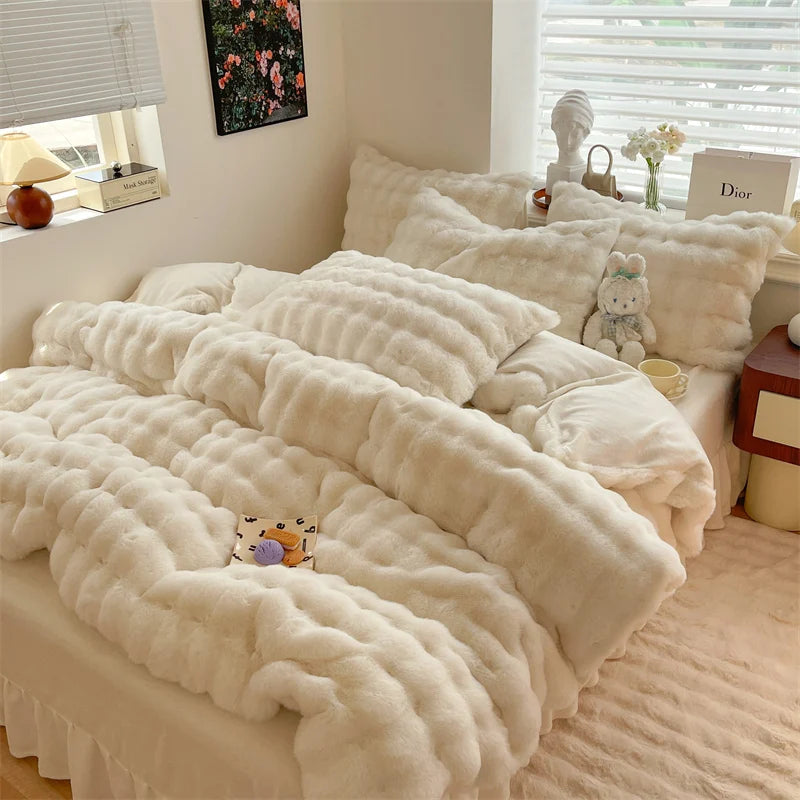 Luxury Faux Rabbit Fur Velvet Fleece Plush Soft Warm Bedding Set Super Comfortable Duvet Cover Set Blanket Bed Sheet Pillowcases