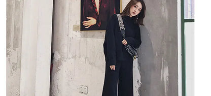 Loribindwood Gestrickte Pullover Breite Bein Hosen Anzug für Frauen Herbst/winter 2022, Neue Koreanische Lose Mode Zwei-stück Set