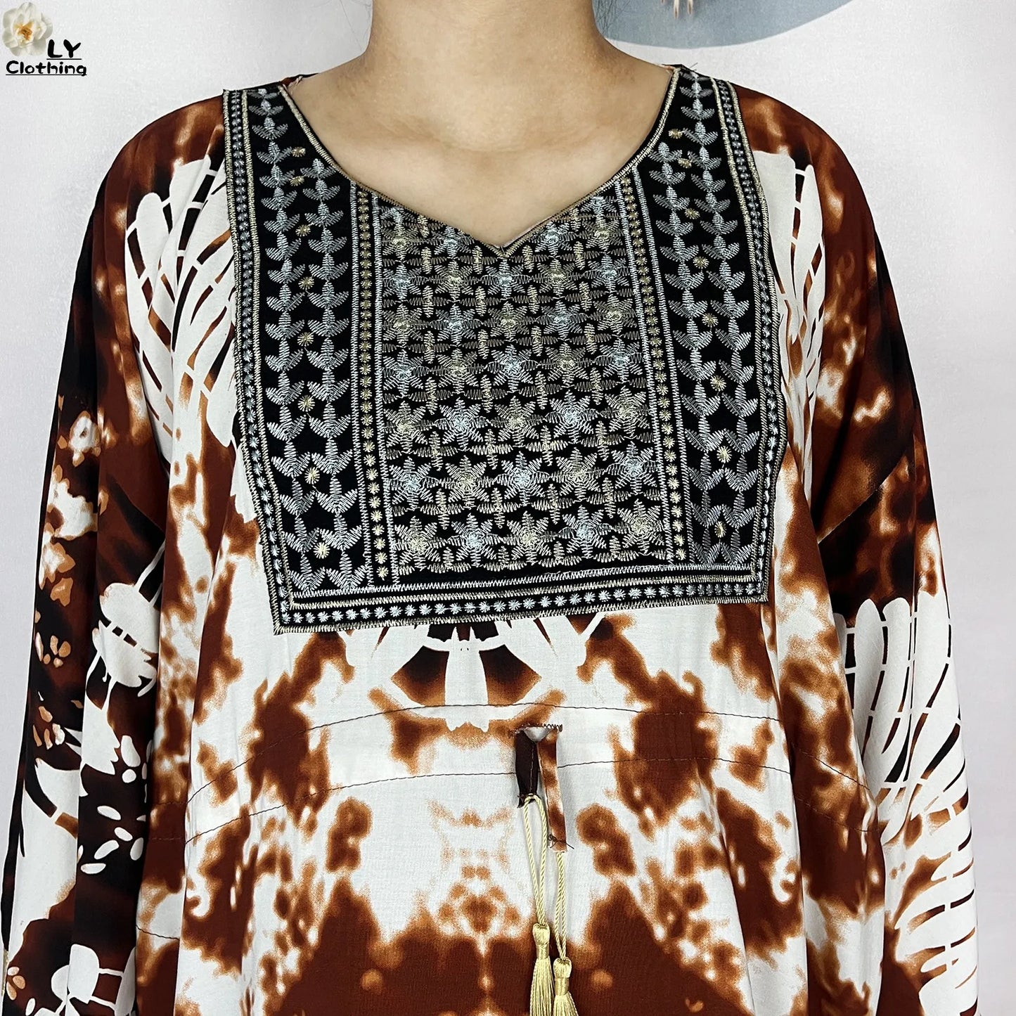 2025 New African Abaya For Women Dress Loose Batwing Sleeve Pockets High-quality Tie-dye Pure Cotton Fabric Women Islam Clothing.