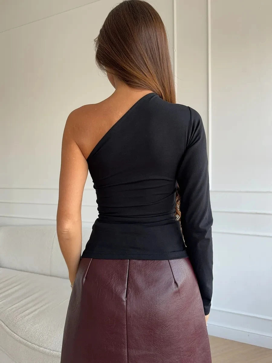 Women's One Shoulder Fit Sexy Night Club Blouse Top Women's Long Sleeve Fitted Elegant With Open Shoulder And Draping Shirt Top.