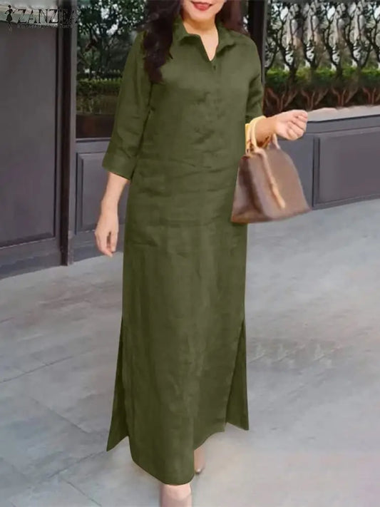 Zanzea Mode Frühling Revers Hals 3/4 Ärmel solide Kaftan Sommerkleid elegante Frauen langes Hemd Kleid Robe Femme Arbeit Party Vestido