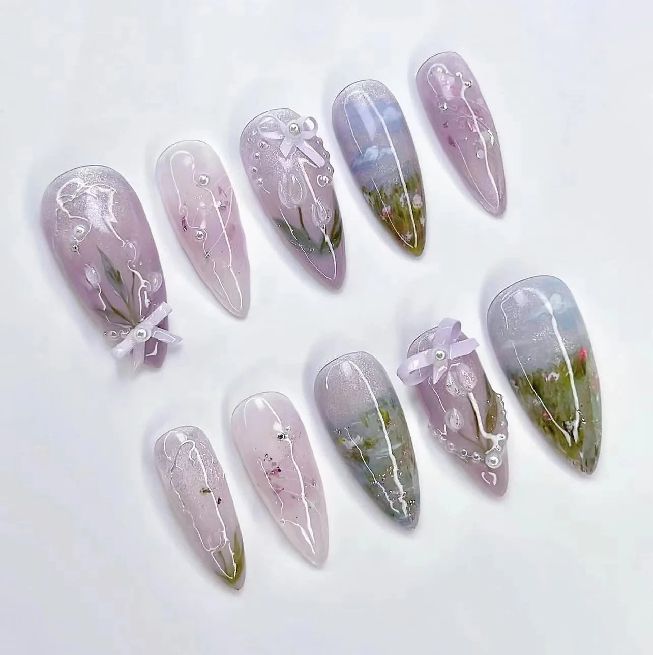 24Pcs Peach Blossom Press on Nails Cat's Eye Nude Glitter False Nail for Women&Girl Spring and Summer Detachable Wearable Nail.