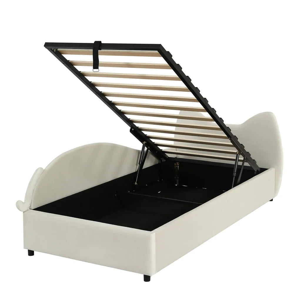 Polsterbett, Einzelbett, süßes Katzendesign, hydraulisches Bett mit Stauraum und Gürtelgriffen, stabiler Gitterrost, 90 x 200 cm