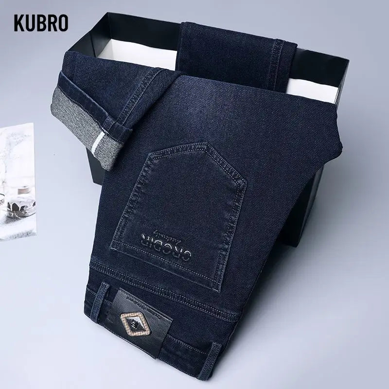 Autumn New Men's Business Jeans High Elasticity Straight Denim Trousers Men's Pants Work Clothes Haze Blue Black Gray Brand.