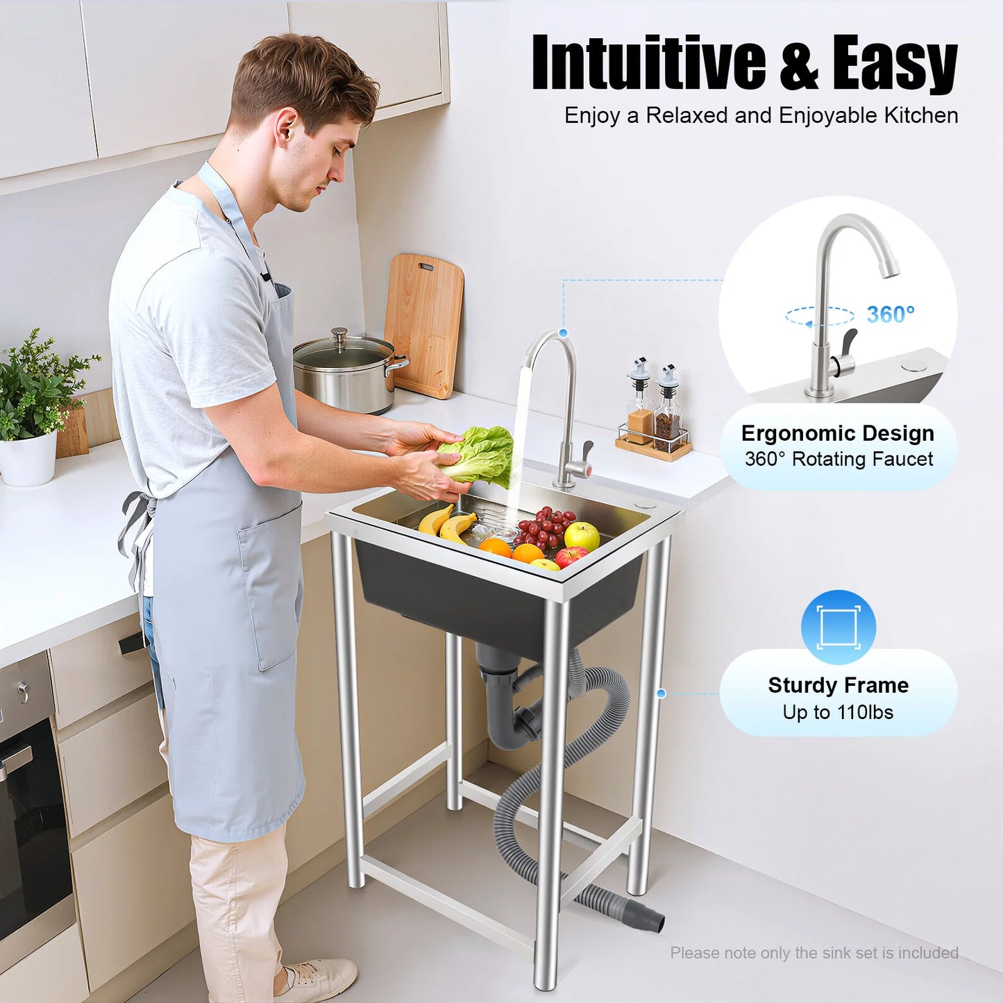 Stainless Steel Utility Sink Single Bowl 110 Lbs Free Standing Kitchen Sink with 360 ° Rotatable Faucet for Kitchens Bathrooms