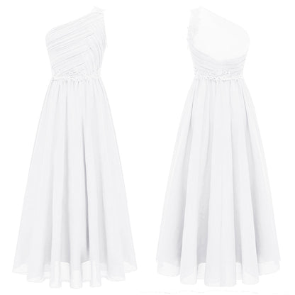 Mädchen Hochzeit Brautjungfer Kleid One Shoulder Elegante Guipure-Spitze Geraffte Chiffon Maxi Party Kleider Geburtstag Abend Abendkleid