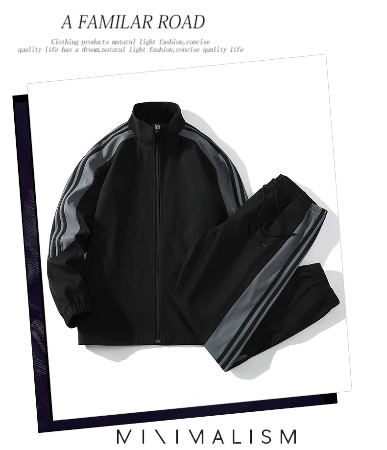 Sports suit men's  spring and autumn striped stand up collar jacket and pants paired with running and fitness two-piece set.