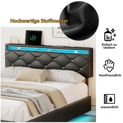 Anajqaqia 160 x 200 cm PU-Schwebebett mit verstellbarer Kopfteilhöhe + LED-Streifenbeleuchtung, Schwarz