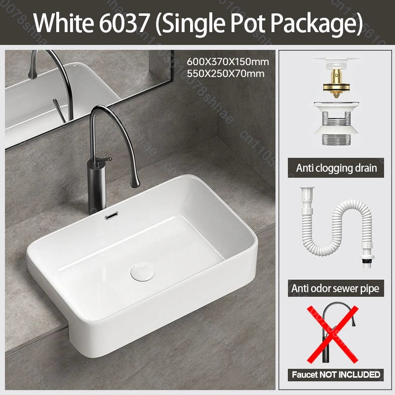 Porcelain Ceramic Vessel Sink with Drain Semi Recessed Vanity Art Sink Wash Basin Bowl for Modern Home Bathroom Decor Washbasin