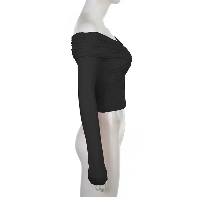 Fashion Solid Sexy Bodysuits Women Elegant Streetwear Long Sleeve Casual Slim Sheath Rompers Cross Folds T Shirts Tops.