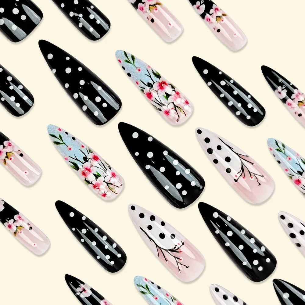 24pcs/set Medium long square fake nails for women girls cute heart flowers feather butterfly design press on false nail art tips.