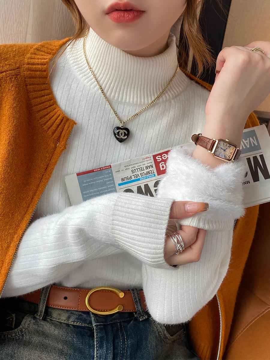 Women's Turtleneck Sweater Winter 2025 Retro with Velvet Lining Thickened Inner Wear Thermal Knitting Bottoming Shirt Pullovers.